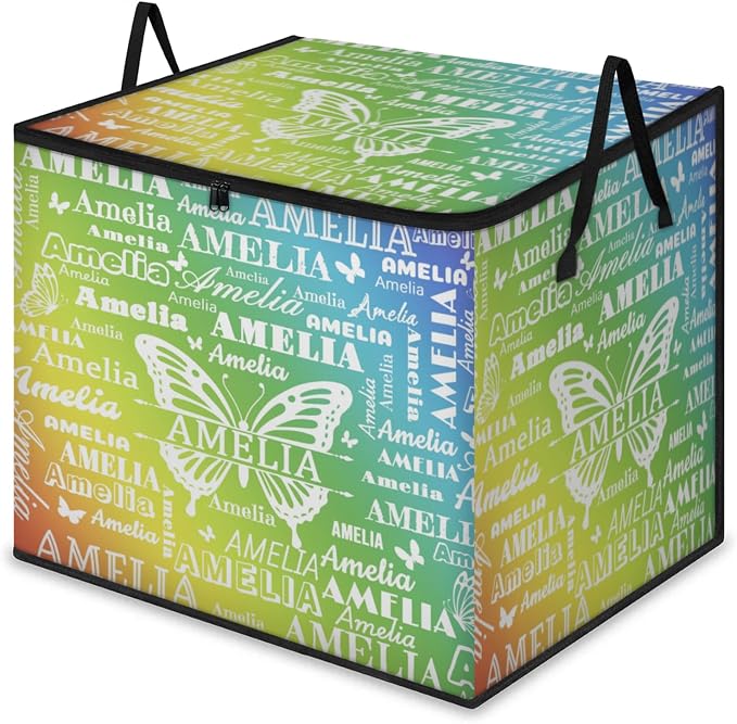 Personalized Name Foldable Storage Basket Cubes with Lid, Butterflies Dirty Clothes Pet Toys Storage Bin with Handles for Shelf Home Closet Kitchen, Gradient Yellow Green Blue Background