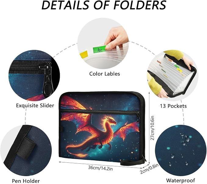 Dragon in The Dark Night File Organizer 13 Pocket Expanding File Folder with Front Pouch Portable Business Fire Storage Document Organizer Folder with Zipper