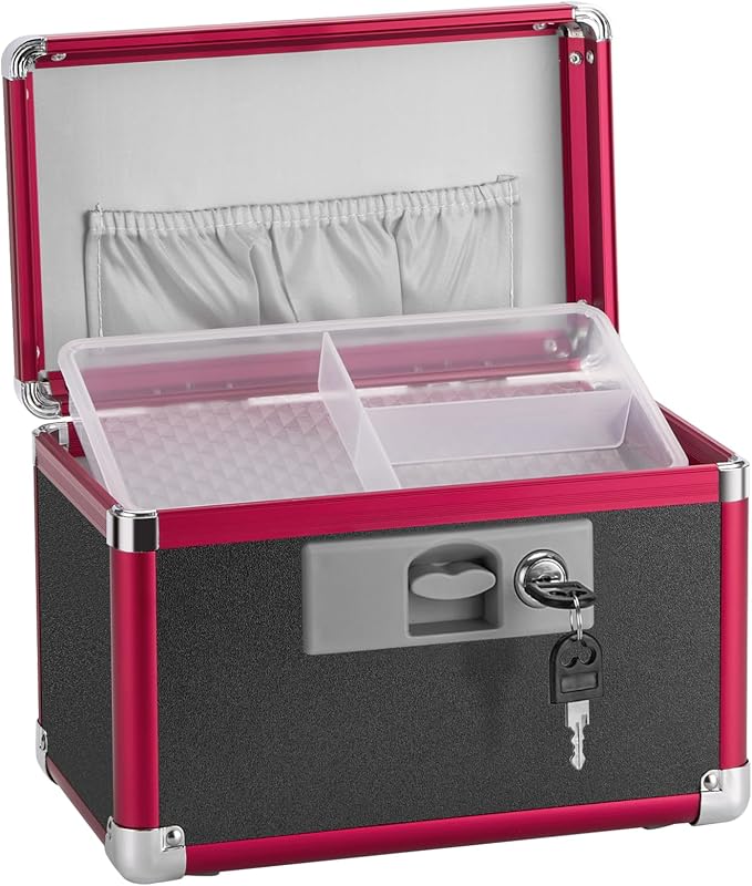 Small Medication Lock Box with Key (10"x6"x6.7") - Childproof Aluminum Medicine Storage Safe for Prescriptions & First Aid - Secure Portable Pill Organizer for Travel, Home (Black & Red)