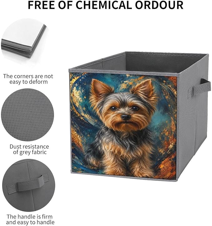 Yorkie Dog Art Print Storage Bin with Handles, Oxford Fabric Foldable Storage Cube Organizer for Clothes, Towels, Bedroom, Living Room, Home Organization