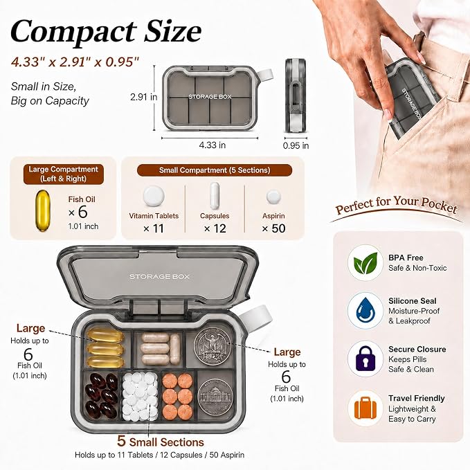 Small Pill Case with Handle, Travel Pill Organizer, Pocket Medicine Box | 7 Compartments Compact Pill Box for Fish Oil Vitamins Supplements Daily Medications, Purse Backpack Office