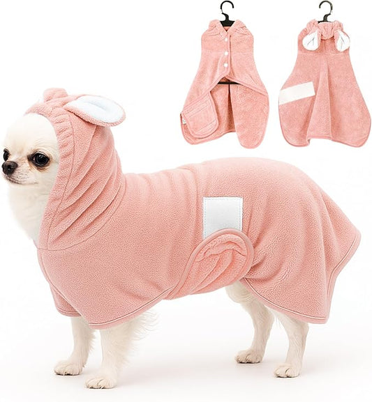 Pet Bathrobe Towel Dog Cat Drying Coat Super Absorbent Cute Dogs Bath Towel Hooded Robe Adjustable Collar & Belly Strap for XSmall to XLarge Pets (Coralpink, Medium)