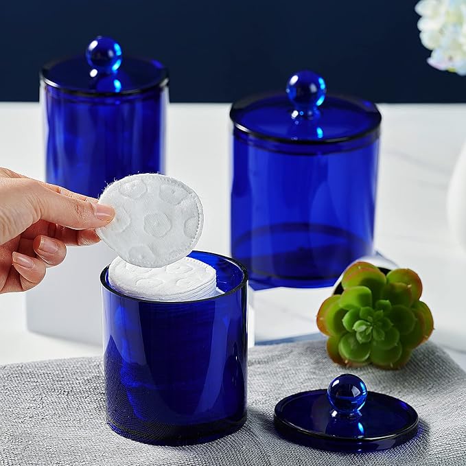 SheeChung 6 Pack Qtip Holder, Blue Acrylic Apothecary Jars for Bathroom | (3) 12oz & (3) 10oz Qtip Holder Set- Shatterproof Bathroom Vanity Organizer for Cotton Swabs, Balls, Pads - Coastal Decor