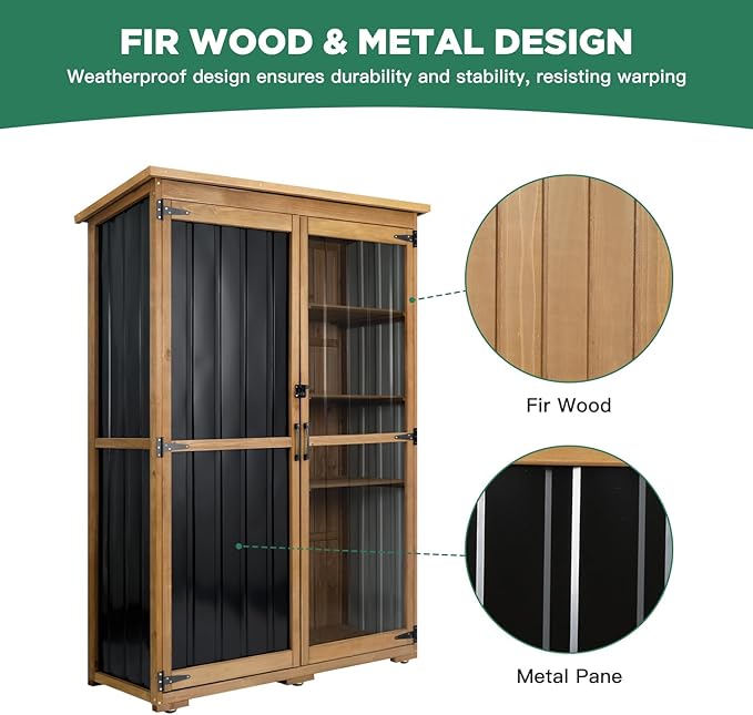 Ketive Outdoor Storage Cabinet, Wood & Metal Storage Shed with Weather-Resistant Roof, Double Lockable Doors, Removable Shelves & Adjustable Feet, for Patio, Backyard, Poolside, 46" x 18" x 68"