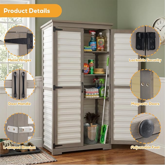 Outdoor Storage Cabinet, Wood & Plastic Garden Shed with Adjustable Shelves | Waterproof Slanted Roof, Rustproof Plastic Panels, Lockable Magnetic Doors, Leveling Feet, White, for Patio, Backyard, Garage