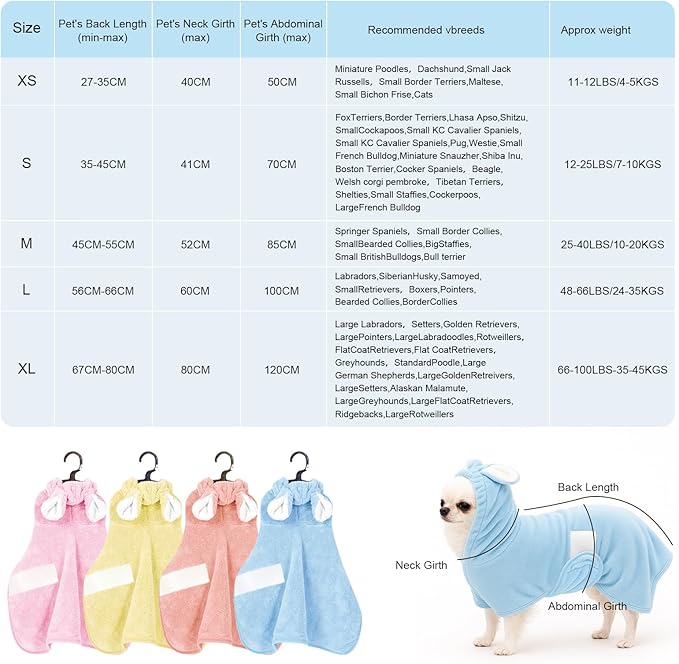 Pet Bathrobe Towel Dog Cat Drying Coat Super Absorbent Cute Dogs Bath Towel Hooded Robe Adjustable Collar & Belly Strap for XSmall to XLarge Pets (Blue, Medium)