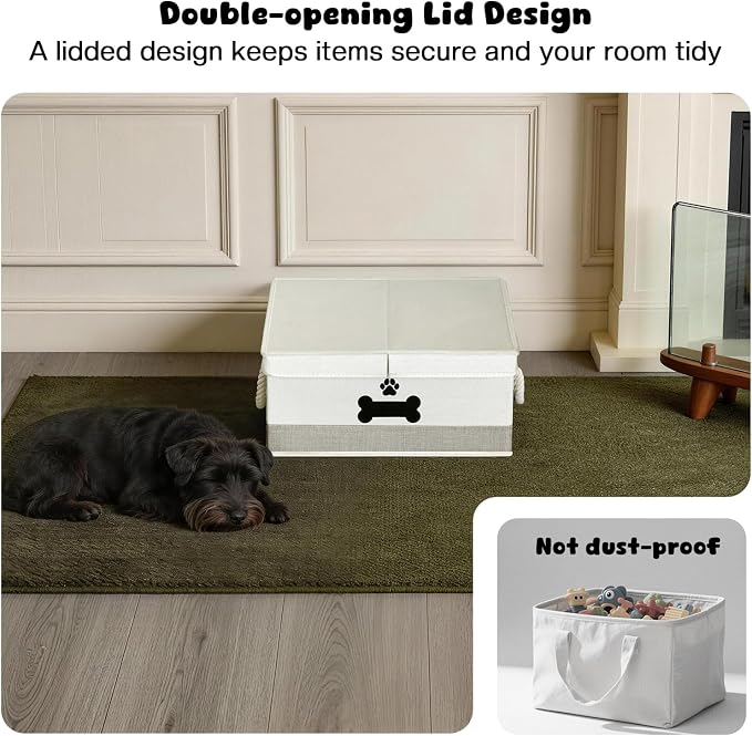 Dog Toy Basket with Double-Open Lid, Divided Dogs Basket for Toys, Collapsible Pet Toys Box, Dog Storage Organizer with 2 Divided Area, Puppy Toy Baskets with Rope Handles, Beige & Gray