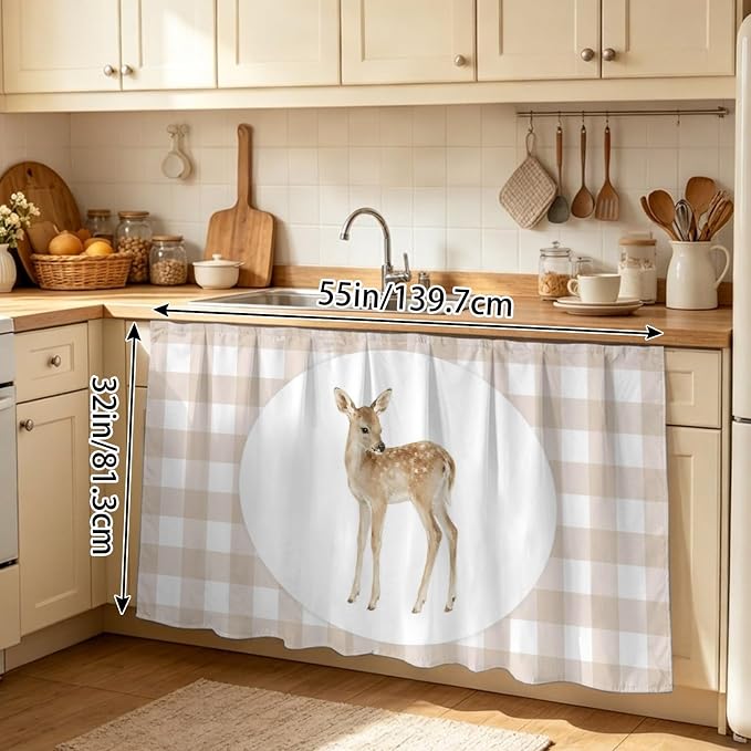 Resting Fawn Sink Skirt for Bathroom, Self-Adhesive Under Sink Curtain, Natural Animals Farmhouse Modern Plaid Hide Pipes & Storage Fabric Cabinet Skirt Cover for Kitchen Laundry 32"x55"