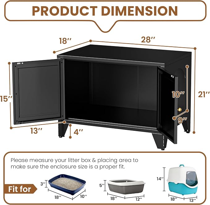 Metal Cat Litter Box Enclosure Furniture, Hidden Cat Washroom Cabinet with 2 Doors, Modern Pet Cabinet for Litter Box or Cat Bed, Dog Proof Indoor Cat House, End Table, Nightstand, Black