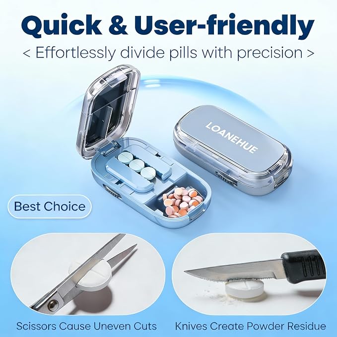 Precision Pill Cutter for Small and Tiny Pills, Sharp Blade with Storage Compartment, Travel-Friendly 1/2 Pill Splitter for Home/On-The-Go, Blue