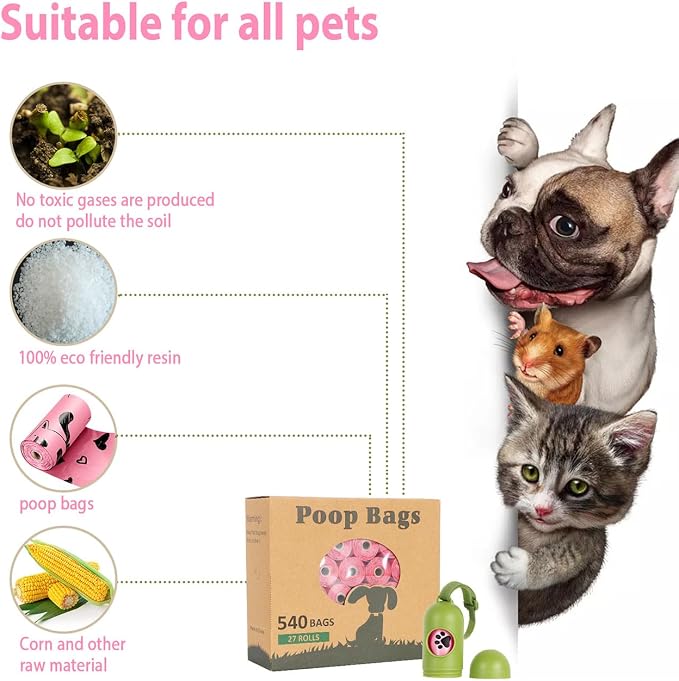 Pink Dog Poop Bags Rolls with Dispenser Leak Proof 540 Count Unscented | Strong Large 9x13 inch Waste Refill Bags for Daily Dog Walks, Cat Litter Cleanup Outdoor Travel and Multi-Pet Households