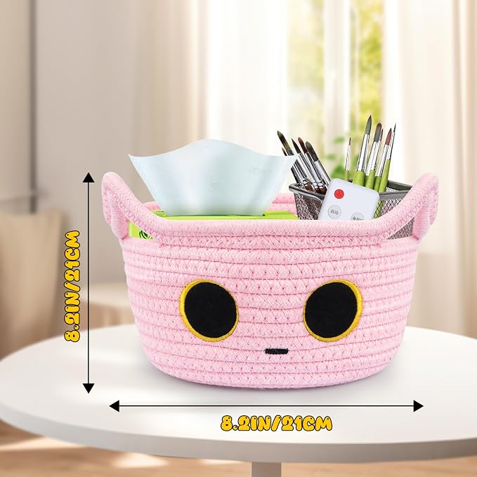 Small Storage Cute Cat Basket, Pink Cotton Rope Woven Basket for Nursery | Blanket Basket Baby Toy Storage Organizer With Ears for Gifts Cat Dog Bin Toys 8.5×4.5 inches