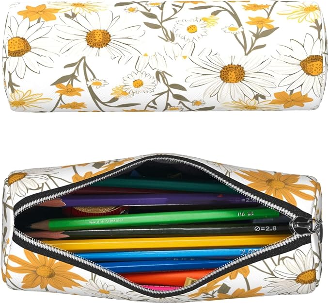 OSAM SPACE Leather Pencil Case Round Pencil Bag Daisy Floral Pen Organizer Holder Portable Zipper Pouch Cute School Supplies for Girls Boys Study Office
