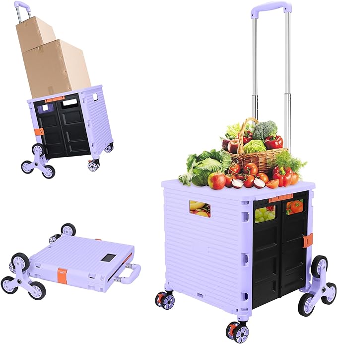 FELICON SELORSS Folding Utility Climber Cart Portable Rolling Crate-Purple | Stair Climbing Wheels+360°Swivel Wheels,Telescoping Handle,Plastic Box Dolly for Travel Shop Move Laundry Office Teacher Use