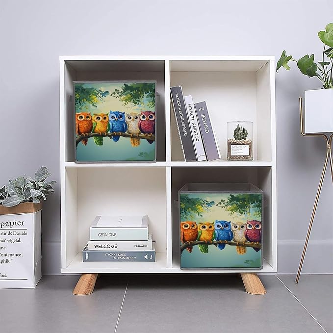 Owl Foldable Storage Bins, 10.6" Cube Storage Organizer, Sturdy Oxford Cloth Fabric Baskets for Closet, Shelf, Nursery, Bedroom, Decorative Printed Box for Toys & Clothes
