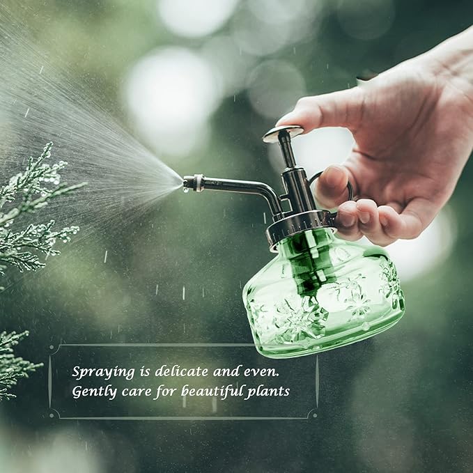 XXXFLOWER Glass Plant Mister Spray Bottle Green 180ml/6 oz | Mini Watering Can Indoor Plants Indoor Plant Mister Succulent Watering Bottle Tall Vintage Style with Bronze Plastic Top Pum