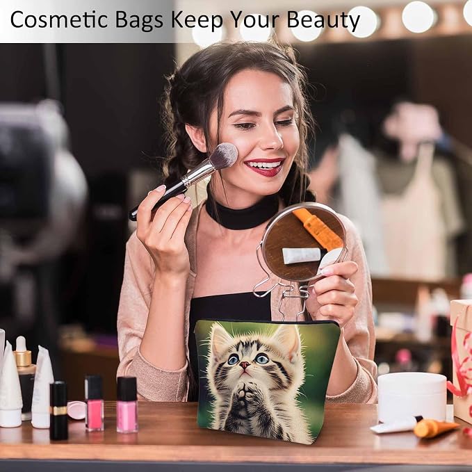 Cat Makeup Organizer - Cute Animal Pet Flax Toiletry Bags, Travel Cosmetic Pouch Skincare Wallet Bags For Women, Mom, Daughter