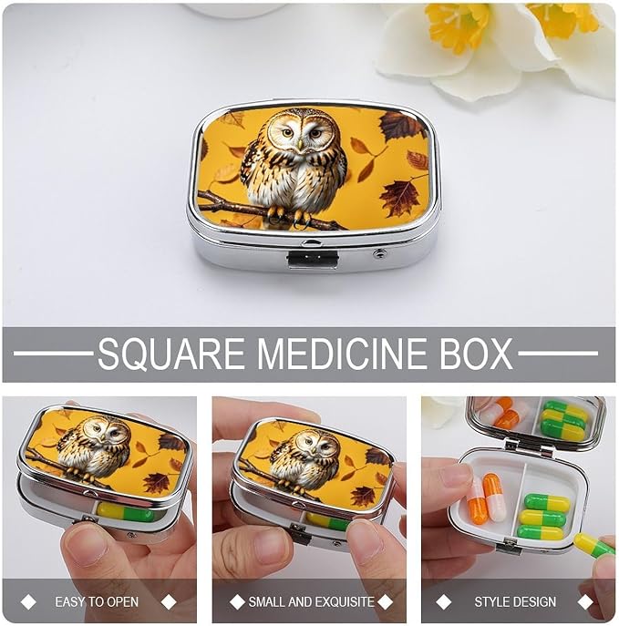 Owl Branch Pill Box 2 Compartment Medicine Pill Case Portable Pill Organizer for Pocket Or Purse Decorative Metal Medicine Vitamin Organizer