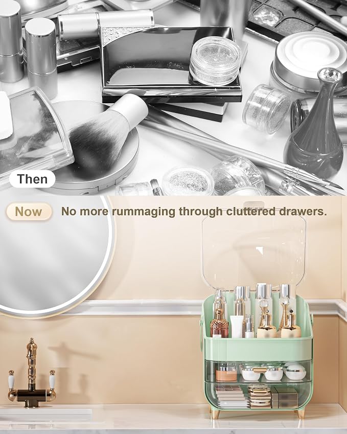 Makeup Organizer Countertop, Skincare Holder Bathroom Counter Organizer, Storage Box Cosmetic Display Cases, Teen Girl Gifts Make up Organizers (Green/Lipstick)