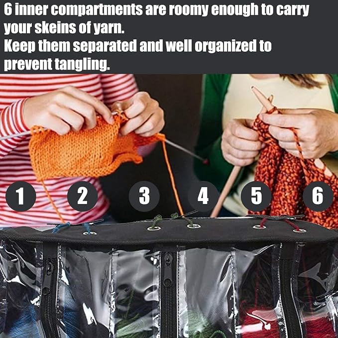 MEKBOK Knitting Organizer Portable Knitting Yarn Storage Bag With Multiple Pockets, Individual Compartments, Carrying Shoulder Strap - Clear Plastic Tote Bag For Needles, Crochets & Threads