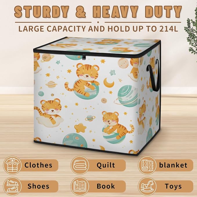 Cute Large Storage Bags, Fabric Bed Storage Containers, Foldable Closet Organizers for Blanket, Clothing, Comforter, Bedding, Cute Tiger