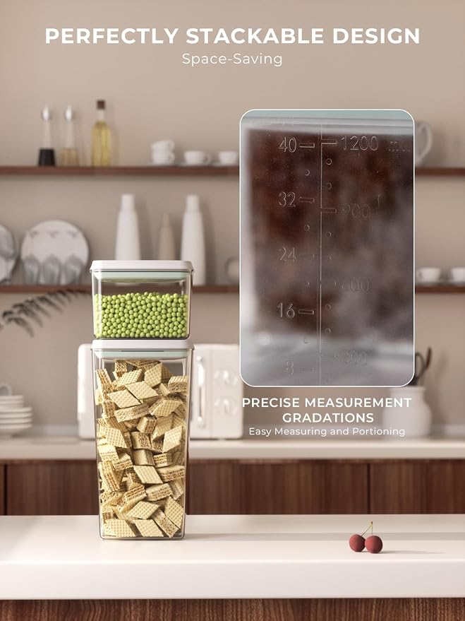 Airtight Food Storage Containers, 4-Piece Set, 1.3-3.5 Qt, Pop-Top Lids | Stackable Pantry Jars with Measurement Marks for Flour, Sugar, Cereal, Oats, Pasta, Snacks, Baking and Small Kitchen Storage