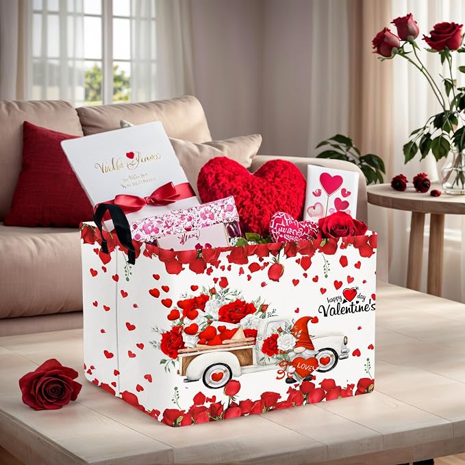 Cute Large Valentine's Day Gift Basket Empty Heart Decor Storage Bin for Kid Baby Room Décor (White Truck Roses)