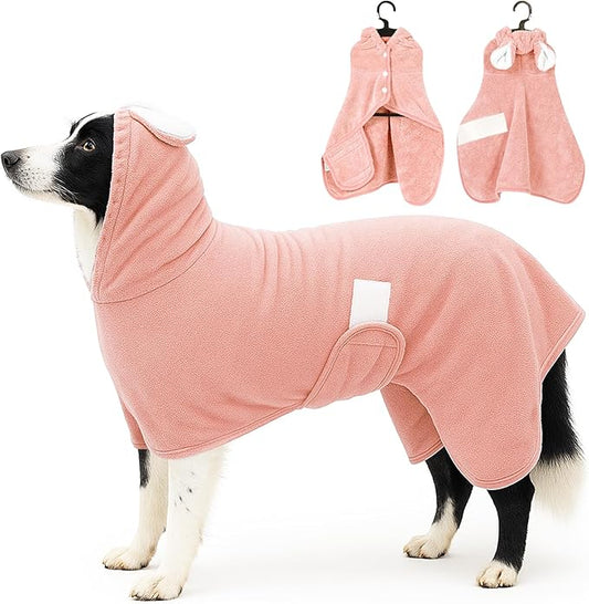 Pet Bathrobe Towel Dog Cat Drying Coat Super Absorbent Cute Dogs Bath Towel Hooded Robe Adjustable Collar & Belly Strap for XSmall to XLarge Pets (Coralpink, Large)