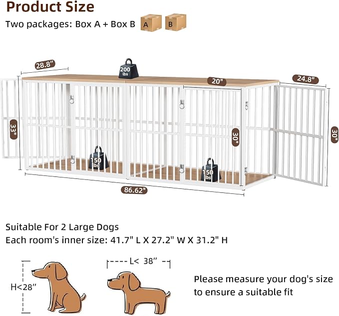 VOWNER 86.7" Double Dog Crate Furniture for 2 Large Dogs, White/Natural | Heavy Duty Wooden Dog Kennel with Removable Divider, XXL Dog Cage TV Stand End Table with 4 Doors, Double Locks for Each Door