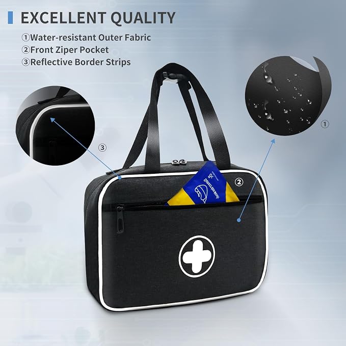 Portable First Aid Bag, Empty Emergency Trauma Kit with Reflective Strips, Multi-Compartment Medical Organizer for Travel, Camping, Car, Outdoor and Home, BAG ONLY (Black)