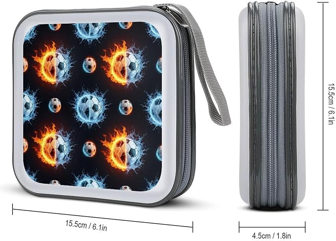 Heavy-Duty DVD Holder Binder Water Fire Flame Football Soccer Ball Sport, 40-Disc Capacity Hard Plastic Case, Portable Storage Wallet for Music Movies