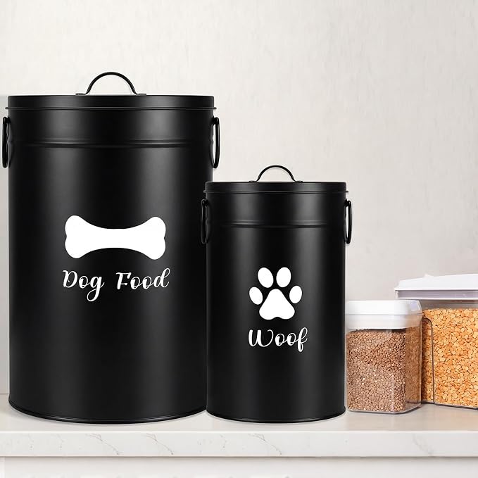 DoubleFill Extra Large 30+14 lb Metal Dog Food Storage Containers, Black | Airtight Dog Treat Snack Jars with Lids and Spoon, Farmhouse Style Big Pet Cookie Storage Bin for Kitchen Counter, Set of 2