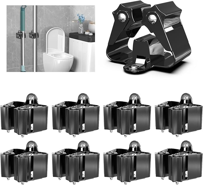 3-H Broom Holder Wall Mount 8 Pack, Heavy Duty Stainless Steel Mop and Broom Organizer Clips, Strong Grip Wall Mount Holders for Garage, Garden, Laundry Room & Utility Closet, Black