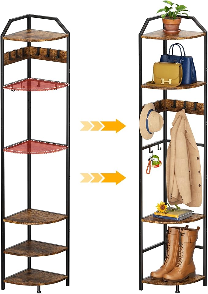 X-cosrack Corner Hall Coat Tree Freestanding with 10 Movable Hook, Shelf-Adjustable Coat Rack Stand for Purse, Hat, Bag and Shoe, Narrow for Small Space Living Room Bedroom Office Entryway Storage