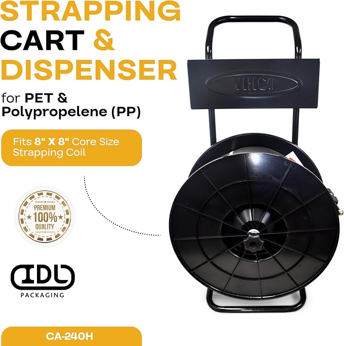 IDL Packaging Strapping Cart & Dispenser for PP Strapping (8" x 8" Core) | CA-240H for Polypropylene (PP) Coils - Durable Sturdy Tube Frame - Spacious Tray for Cutter, Buckles and Gloves