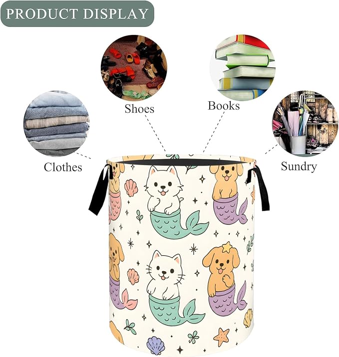 Cute Mermaid Pet Laundry Basket Hamper, Organizer Bins Gifts for Women Kids, Cat Dog Art Foldable Waterproof Clothes Hamper Handles Storage Bucket for Bedroom Bathroom Room Decor 19.7"x15.7"