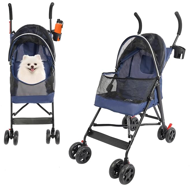 Pet Stroller for Small Medium Dogs Up to 22lbs, 4 Wheels Folding Pet Carriage Cart for Dogs Cats, Portable Cat Puppy Jogging Stroller with Rear Pocket and Cup Holder (Blue)