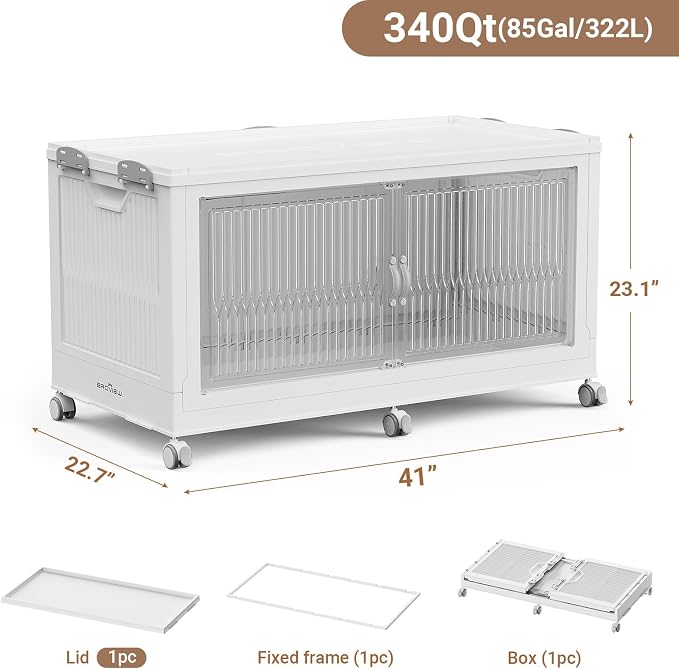 BROVIEW 340QT Extra Large Stackable Storage Bins with Lid, 1Pack White | 85Gal Plastic Collapsible Cabinets Containers, Wheels & PET Doors, Foldable Closet Organizers Drawers for Office, Dorm