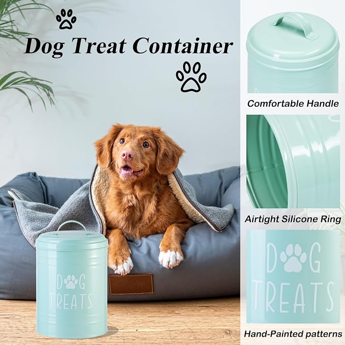 Dog Treat Container Airtight, 9.1''Hx5.5''W, 10 Cup Capacity (Green) | Airtight Lid Keep Food Fresh,Large Capacity Dog Treat Jar Suitable All Popular Treats,Dent-Resistant Durable Metal Cookie Jar