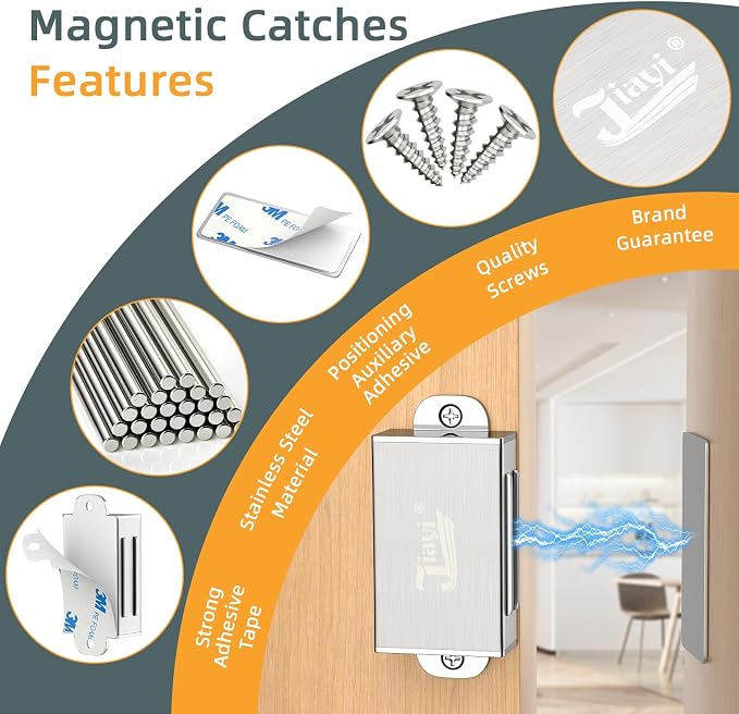 Jiayi 12 Pack Self Adhesive Magnetic Door Catch Heavy Duty 17lb Stainless Steel Cabinet Magnets for Kitchen Wardrobe Drawer Cupboard Door Latch Closure