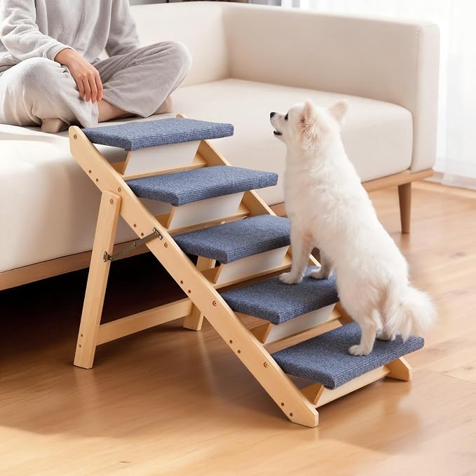 VEVOR Wood Pet Stairs, 5-Step Dog Stairs for Beds, Sofa & Cars, Floded Flat | For Small Medium Large Older Pet Puppy Essentials, 150lbs Load Capacity, Stable & Sturdy Cat & Dog Step Ladder, Non-Slip