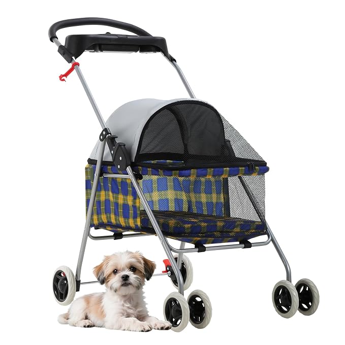 BestPet Foldable Pet Stroller for Small/Medium Dogs and Cats Up to 33 lbs | 4-Wheel Stroller Pet Strolling Cart w/ Breathable Mesh, Lockable Rear Wheels, Cup Holder/Tray & Storage Box, Yellow Plaid