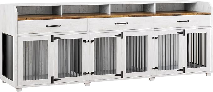 AMERLIFE 95" Dog Crate Furniture, Multi-Functional TV Stand with Storage | Dog Kennel with Drawers & Removable Divider for Medium/Small Dogs, White Barnwood
