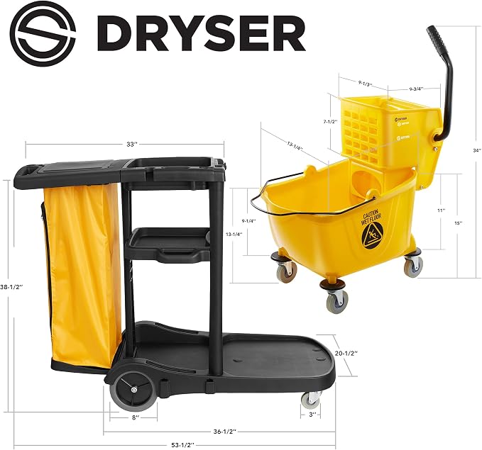 Commercial Janitorial Cleaning Cart on Wheels with Cover, Shelves and Vinyl Bag & Commercial Mop Bucket with Side Press Wringer, 26 Qt. Yellow