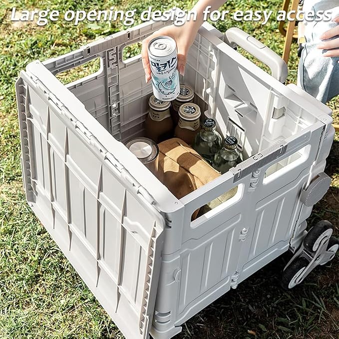 Collapsible Shopping Box Trolley on Wheels with Lid,75L Large Capacity Folding Portable Rolling Crate Handcart with Telescopic Handle for Camping (Evil Shake Fleece,Medium Four Wheel)