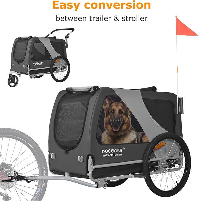 DOGGYHUT® Premium X Large Pet Bike Trailer & Stroller Up to 100 lbs (Gray) | Bicycle Trailer for Small Medium or Large Dogs, Dog Bicycle Carrier, Low Center of Gravity, Folding Frame Cart