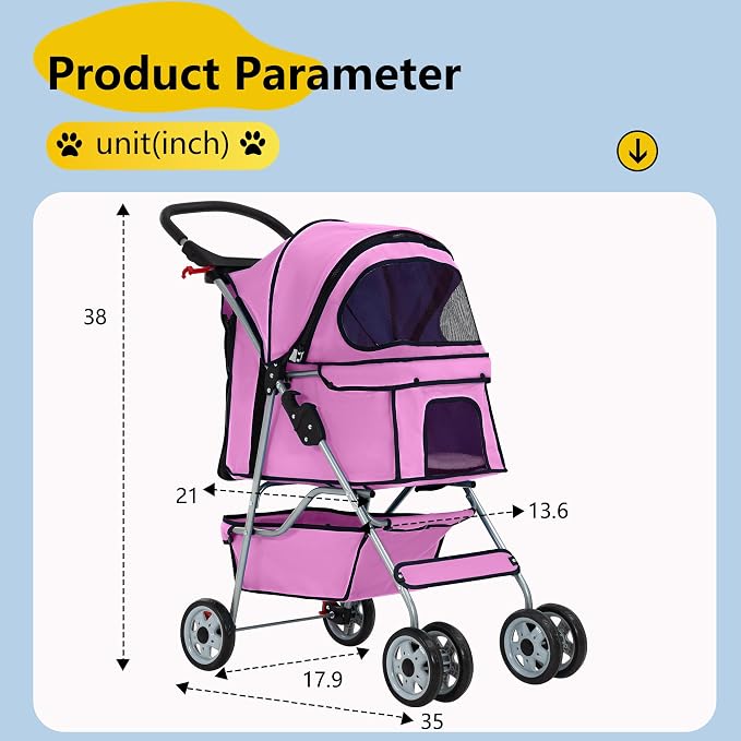 FDW Pet Stroller 4-Wheel Dog Cat Stroller Travel Folding Carrier Puppy Stroller with Cup Holder and Removable Liner for Small Medium Dogs Cats, Pink