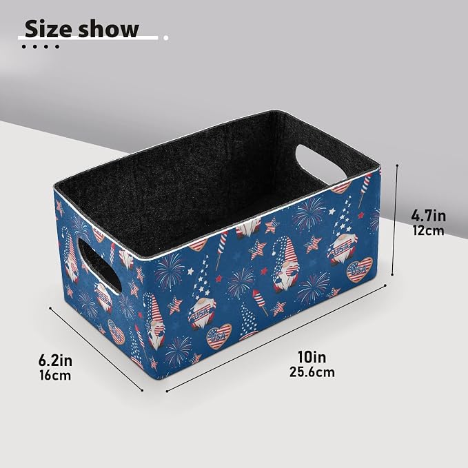 Emelivor 4th July Gnome Blue Storage Basket Bins Set (2pcs) Felt Foldable Storage Bins with Handles Foldable Shelf Drawers Organizers for Nursery,Kids Room,Clothes,Towels,Magazine