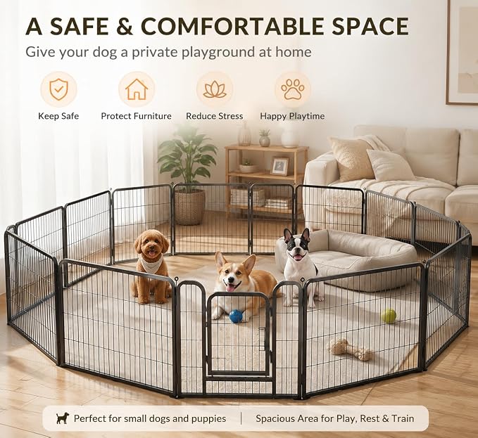 Metal Dog Playpen - 32" Height 16 Panels Foldable Exercise Pen for Dogs Indoor/Outdoor Pen with Door for Pet Animals Portable Pet Playpen Polygon Dog Enclosure (Black)