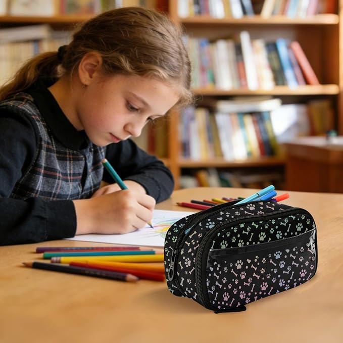 Pet Paw Black pattern Large Capacity Pencil Case with Zipper Water Resistant Portable Organizer Pen Bag for Office Students School